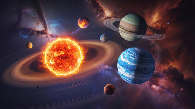 Artistic depiction of the solar system with planets satellite