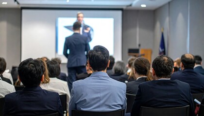 Fototapeta premium An audience listens attentively during a presentation, the presenter and a screen in focus