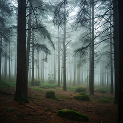 Mysterious Foggy Forest with Tall Evergreen Trees and Mossy Ground
