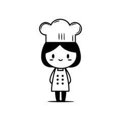 Adorable female chef in uniform and hat standing with a happy smile, representing cooking, culinary work, and restaurant professionals in a charming and simple style.