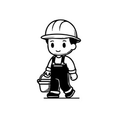 Cheerful construction worker carrying a toolbox, representing hard work, labor, and craftsmanship in a simple cartoon style.