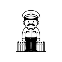 Security guard character standing in front of a fence, symbolizing safety, vigilance, and protection.