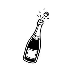 Simple black line drawing of a champagne bottle popping open with bubbles, symbolizing celebration, party, success, and joy.