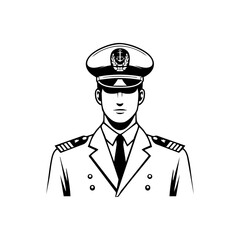 Stylish line drawing of a naval officer in uniform and cap, representing authority, discipline, and maritime professionalism.