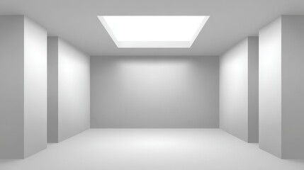 Obraz premium Spacious minimalist empty white room featuring bright overhead light and pristine ceiling creating serene unadorned interior space.
