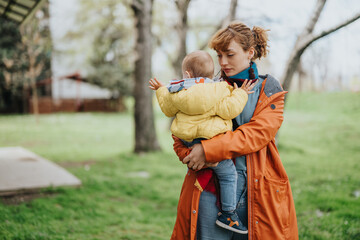 A mother lovingly carries her child while spending time outdoors in a park. The serene nature and...