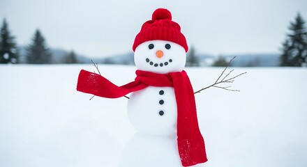 Fototapeta premium Festive snowman in a red hat and scarf, winter wonderland scene.