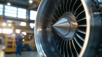 Close-up of a modern aircraft jet engine in a factory, showcasing its intricate design and powerful engineering with worker and machinery in the background. #aviation #engineering
