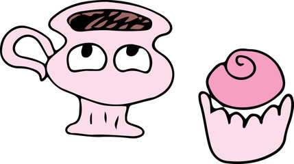 Fototapeta premium A funny pink cup with eyes and a drink and a pink sweet cake. Grunge style. Drawn with curved black lines. Colored drawing