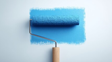 Obraz premium Blue paint roller with ergonomic wooden handle for smooth wall painting application.