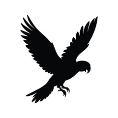 Silhouette of a majestic bird in flight gliding down gracefully in black, parrot flying silhouette vector illustration