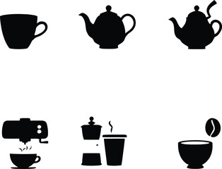 A collection of black silhouette icons featuring teapots coffee makers and cups on a white background