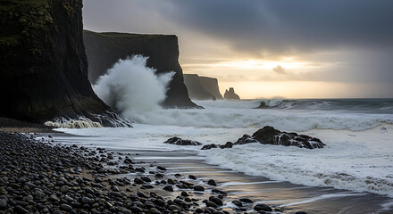 Powerful Ocean Waves Crash Against Dark Cliffs on a Rocky Coastline at Sunset