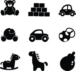 A collection of nine black and white vector icons of different baby and toddler toys and related items