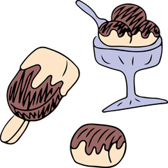 Sweet chocolate ice cream on a stick and scoop ice cream in a glass. Grunge style. Drawn with curved black lines. Colored drawing