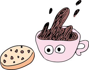 A funny cup with eyes and spilling coffee and chocolate chip cookies. Grunge style. Drawn with curved black lines. Colored drawing