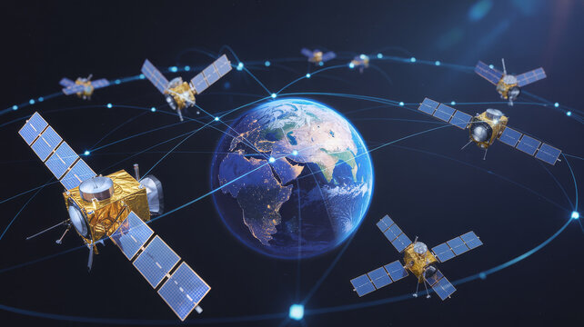 Network of satellites orbiting the earth, connecting the globe satellite - Powered by Adobe