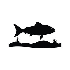 Black silhouette of a salmon fish in an aquatic environment scene, fish gliding near ocean floor silhouette vector illustration