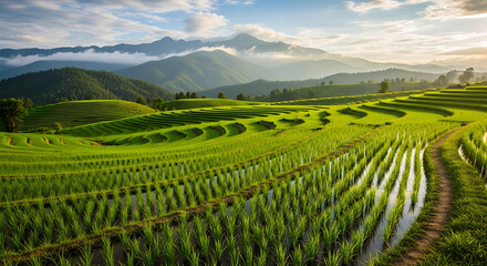 Lush Green Rice Terraces with Majestic Mountains at Sunrise