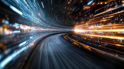 Blurry image of a tunnel with a bright orange line in the middle. Concept of motion and energy, as if the tunnel is a fast-moving highway or a futuristic tunnel