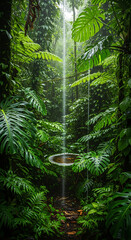 Ethereal Waterfall into Floating Basin in Lush Green Jungle