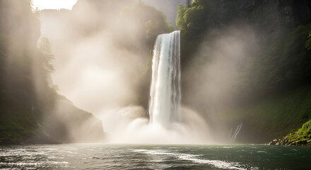 Serene Waterfall Amidst Lush Green Cliffs and Glowing Mist at Sunrise