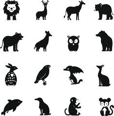 Collection of sixteen black animal silhouettes including mammals birds and marine life on white background