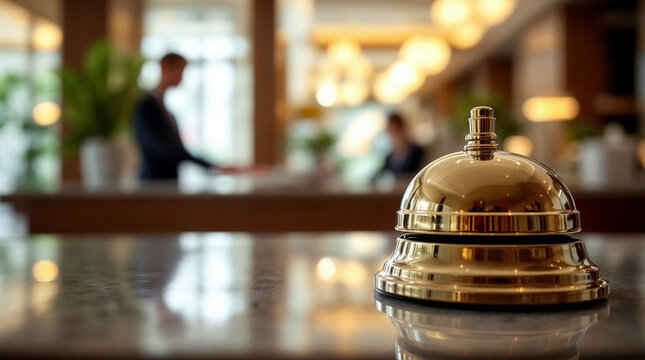 Hotel reception bell on a wooden counter