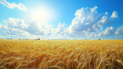 The blue sky and white clouds under the golden wheat field