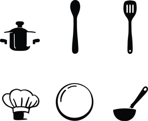 A simple black and white illustration of kitchen utensils and a chef's hat on a white background