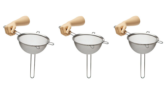 Hands holding a fine mesh strainer sieve for sifting and straining in the kitchen, useful for cooking and baking