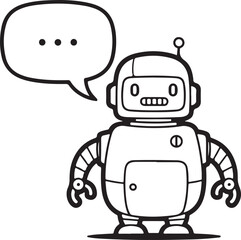 Cute line art robot with speech bubble thinking vector illustration character design