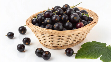 Black Currants in basket and some cranberry isolated in white background