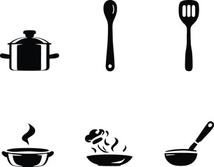 A collection of black and white kitchen utensil icons including pots spoons and ladles on white background