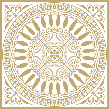 Vector golden classic Greek square ornament. Rectangle of Ancient Greece and Roman Empire. Byzantine painting of walls, floors and ceilings. Decoration of European palaces.