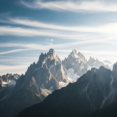 Majestic Mountain Range Bathed in Golden Light Under a Wide Sky
