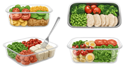 Healthy meal prep containers with balanced portions of vegetables, grains, and proteins, perfect for fitness enthusiasts and weight management
