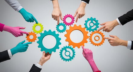 Vibrant collaboration with diverse teams connecting gears, innovative problem solving and teamwork in a modern corporate environment for seamless growth