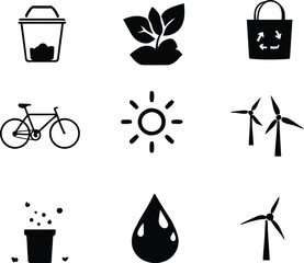 Illustration of ecology icons including a bicycle plants sun windmills water and recycling symbols
