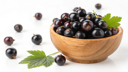 Fresh Black Currant in wooden bowl isolated in white background