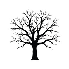 Obraz premium Silhouette of a stark tree with bare branches against a white background, leafless dead tree silhouette vector illustration