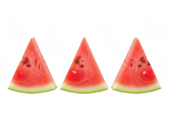 Three red watermelon slices with seeds fruit green isolated on a transparent background