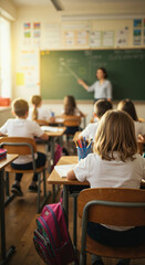 Bright classroom scene with students and teacher in a warm, lively setting.