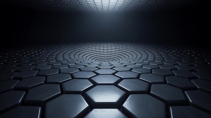 Abstract dark hexagonal surface receding into a glowing light in a futuristic scifi background