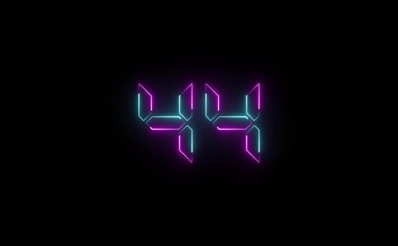 Glowing neon number forty four in cyan and magenta against a stark black background display design