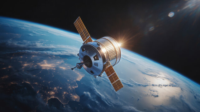 Space station module orbits earth with sun flare satellite