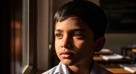 Young Indian boy gazing thoughtfully out sunlit window with dust childhood portrait innocence hope education future