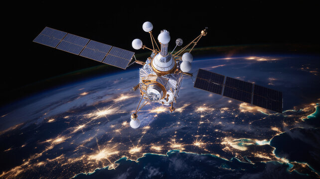 Advanced satellite in orbit above earths illuminated cities satellite - Powered by Adobe