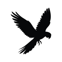 Dramatic silhouette of a majestic parrot in flight with its wings outstretched, parrot flying silhouette vector illustration