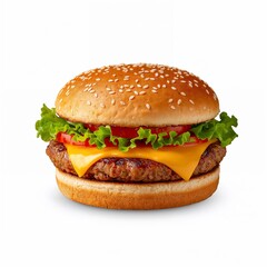 Juicy cheeseburger with lettuce, tomato, and sesame bun, isolated on white background.